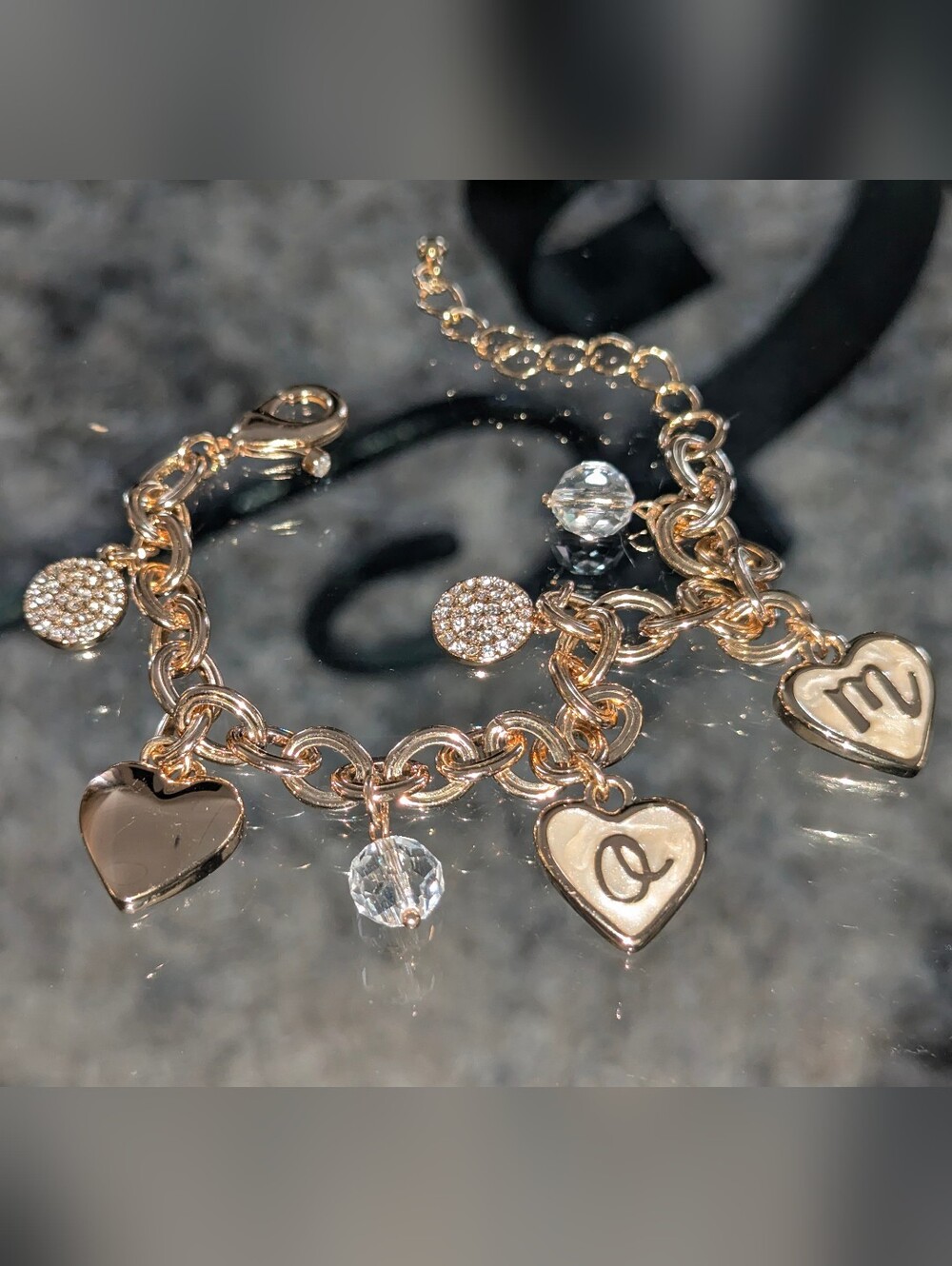 Y2K Vintage Swarovski Crystal MOM Heart Charm Bracelet Champagne Gold | NOS - Picture 7 of 8